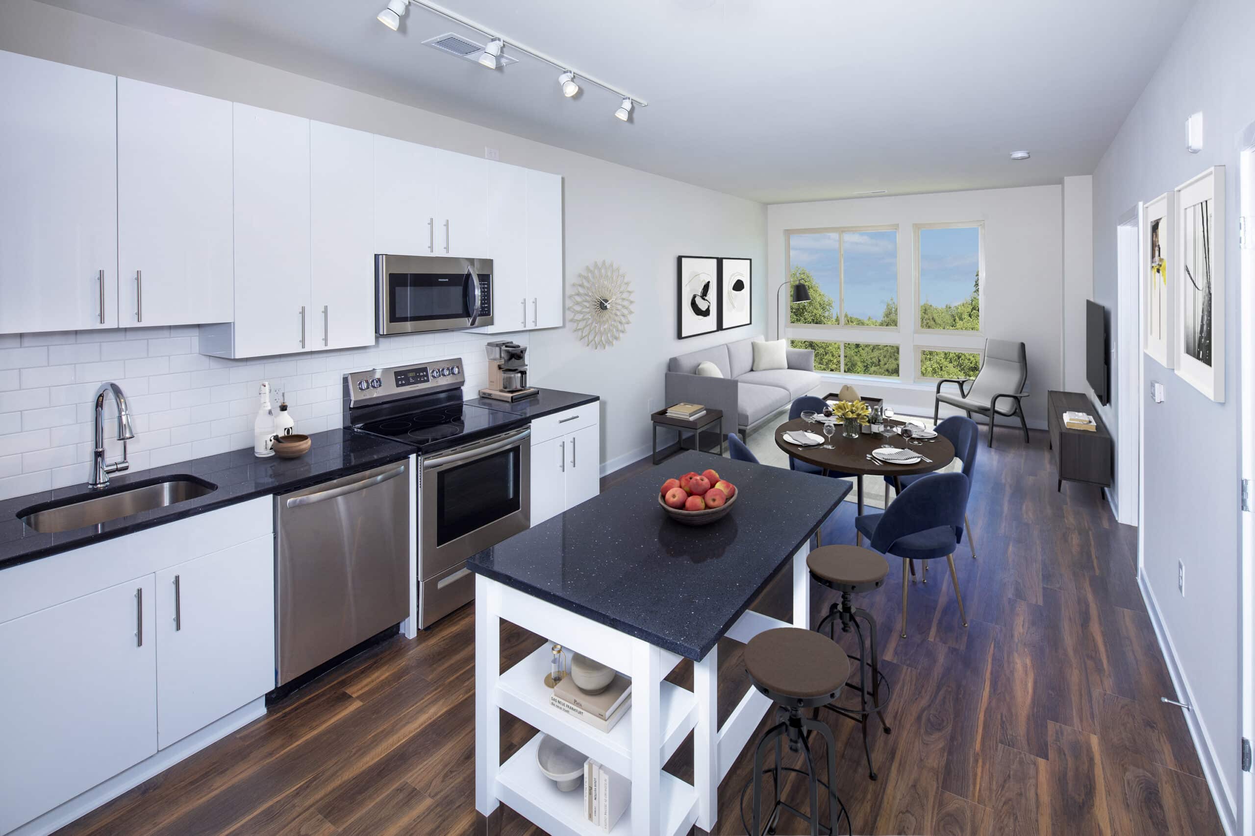 kitchen with island and living room - alexandria va luxury apartments southalex
