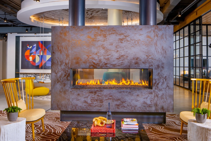 Lobby lounge with distinctive fireplace - South Alex luxury apartments Alexandria VA