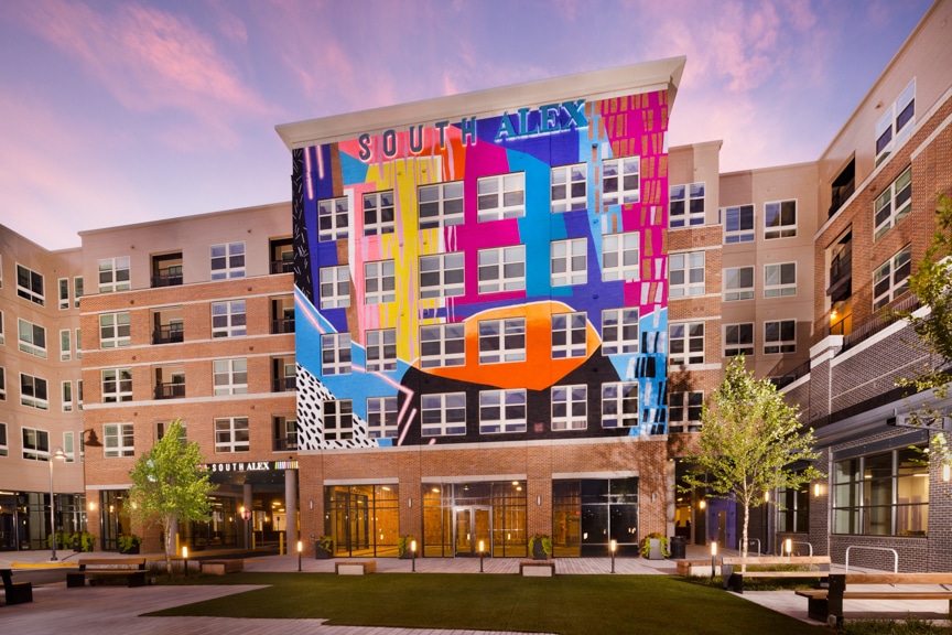 building exterior with mural at sunset - alexandria va luxury apartments south alex