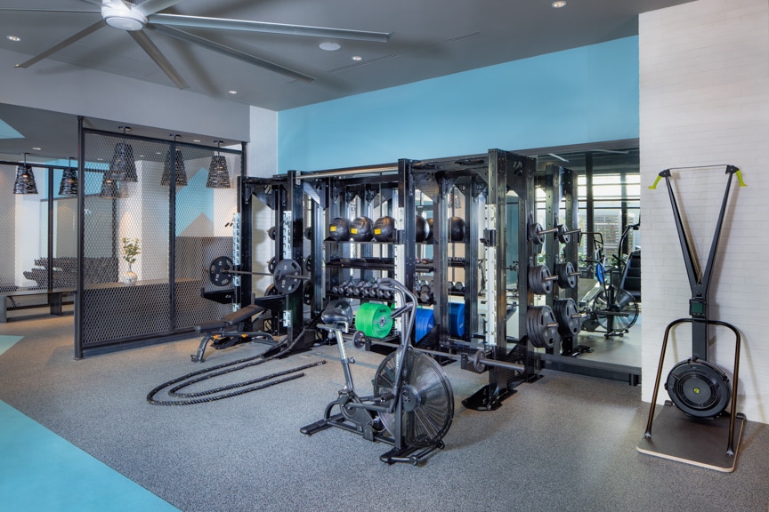 fitness center with weights strength training equipment - alexandria va luxury apartments south alex