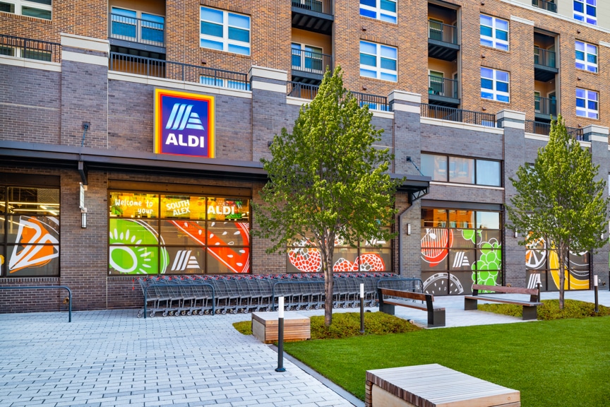 building exterior with Aldi grocery store - alexandria va luxury apartments south alex